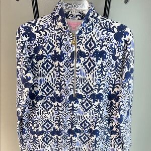 Lilly Pulitzer White and Navy Blue Printed Quarter-Zip Pullover